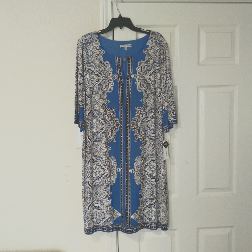 Sandra Darren blue nvy ivy keyhole round neck 3/4 sleeve shift dress Size 2X - Picture 1 of 7